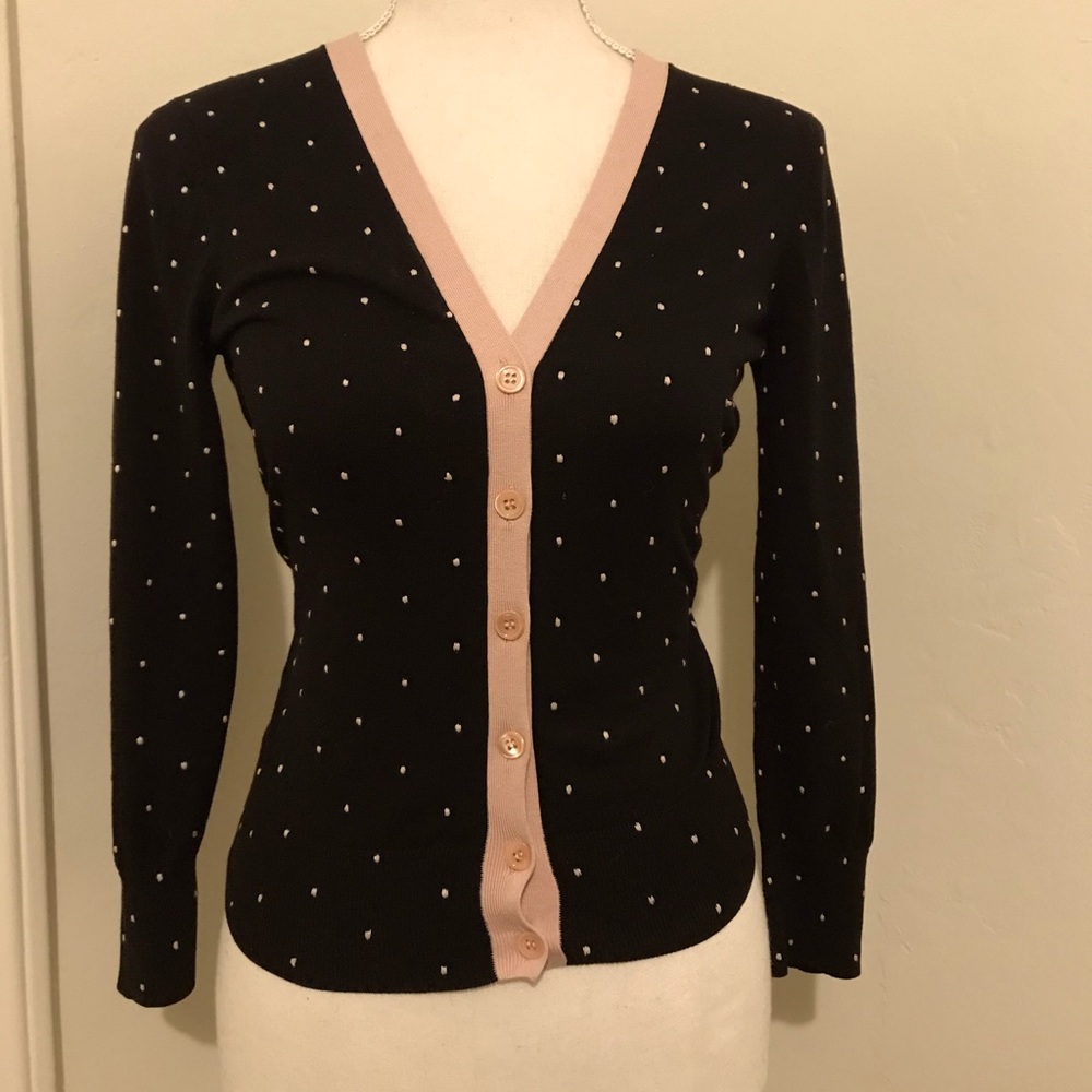 Small BCBG Black and Pink Polka Dot Button Up Cardigan